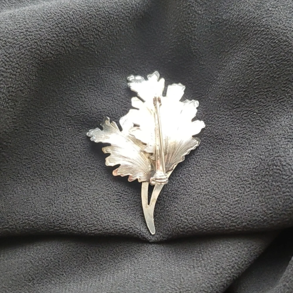 Vintage 1960s Silvertone Double Leaf Brooch Pin Mid-Century Retro Nature Jewelry